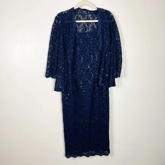 Alex Evenings Navy Blue Lace Sequin Cocktail Sheath Dress With Jacket Size 8 - Picture 2 of 12